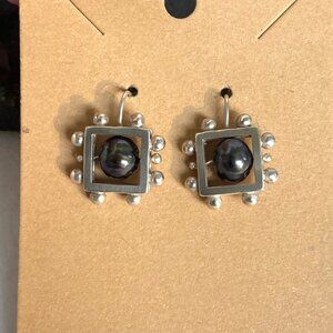 Sterling Silver 925 Modernist Style Square Freshwater Pearl Dangle Earrings